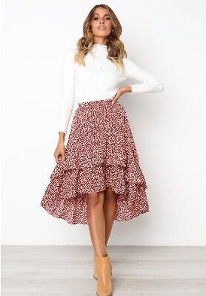 

aprilgrass brand women boho chiffon holiday skirts summer high waist female polka dot a-line ruffles midi beach flare skirt for women, Black