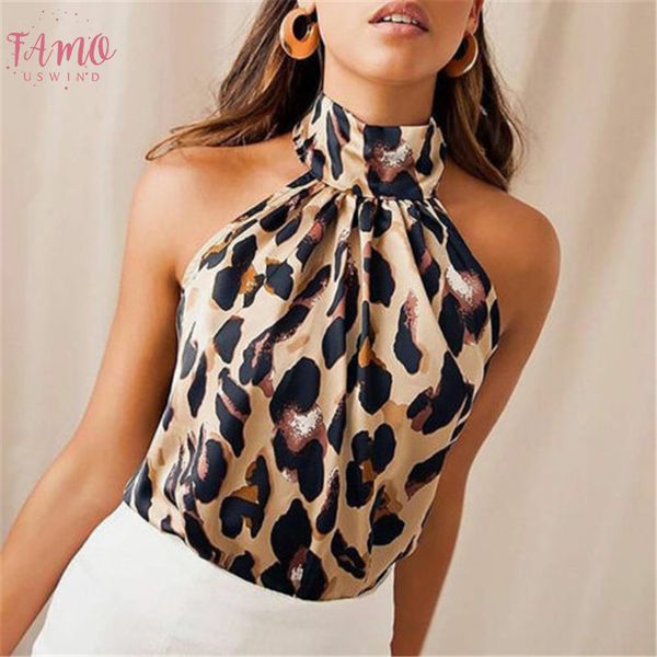 

bare shoulder leopard blouse chiffon women summer 2020 animal print casual backless sleeveless shirts female blusas, White