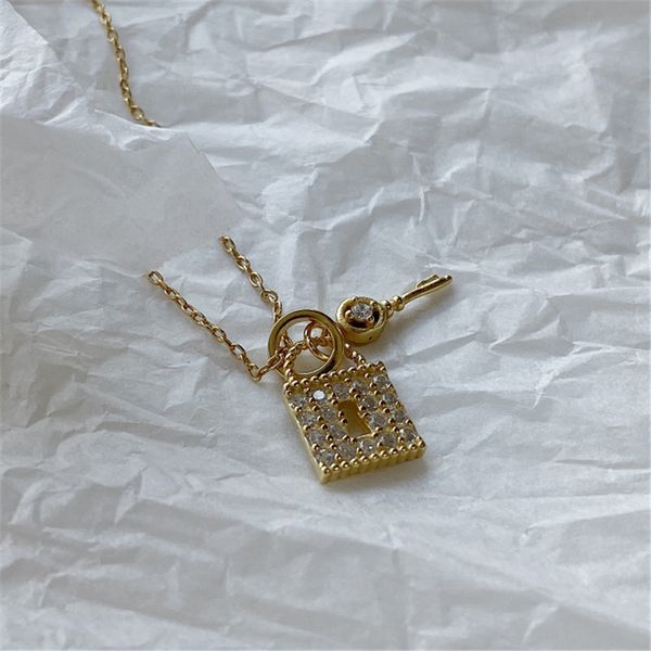 

pofunuo 925 sterling silver women key lock pendant necklace girls lovers gift fine jewelry simple chic zircon diamond necklace
