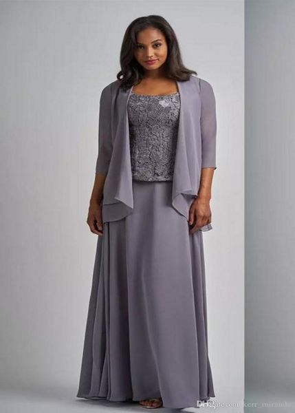 Dreiteiliges langes Chiffon-Kleid für die Brautmutter, quadratischer Ausschnitt, lange Ärmel, Jacke, graues Mutterkleid, bodenlang, formelle Abendkleider