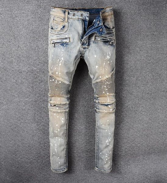 

2020sell fashion brand design summer men's denim skinny biker jean embroidery pants holes jeans button mens long pants a010, Blue