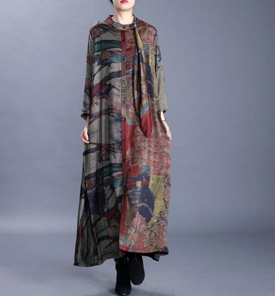 

new retro printed silk loose trench chinese style fashion collar seven point sleeve stitching single breasted cardigan long coat, Tan;black