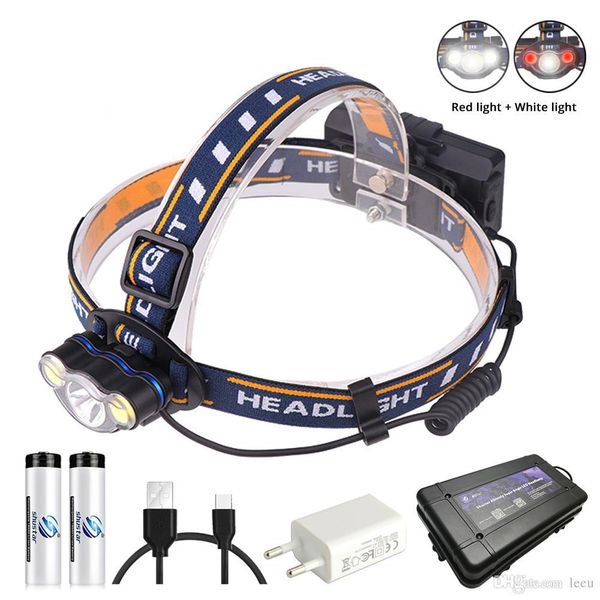 

super bright led headlamp white light + red light fishing headlight 7 lighting modes flashlight use 2 x 18650 batteries