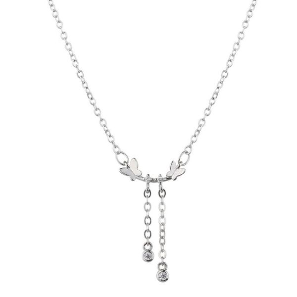 

double butterfly tassel zircon pendant necklaces for women trend short clavicle chain 925 sterling silver girls jewelry san205, Golden;silver