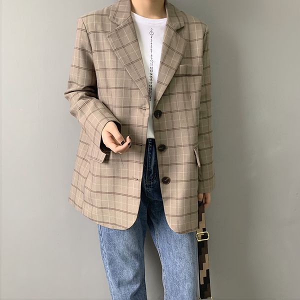 

vintage casual plaid blazer women fashion single breasted office ladies jacket coat female notched collar long sleeve suits, White;black