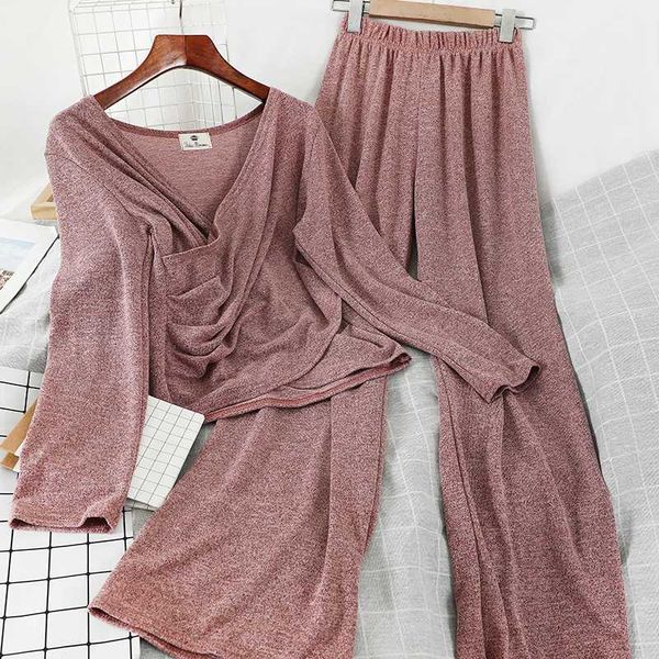 

new spring women casual long sleeve loose t-shirt + high waist wide-legged trousers knitted two-piece set female pure color, White