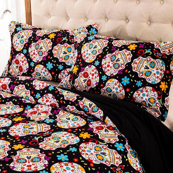 

gothic cool sugar skull flower print bedding set quilt duvet cover set+pillow case us au eu size drop shipping