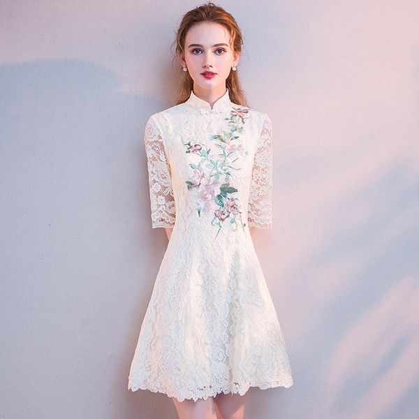 

lace embroidery oriental style banquet dresses chinese vintage wedding cheongsam elegant short evening party gownssize xs - xxl, Red
