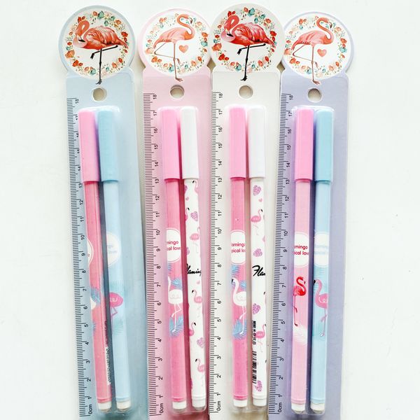 

2pcs/set cute flamingos gel pen with paper ruler set rollerball pen school office supply student stationery 0.5mm black ink