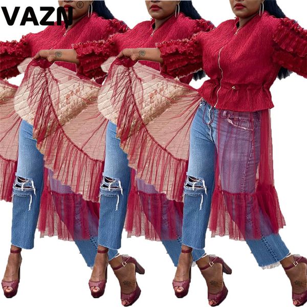 

vazn omy5175 autumn red 2019 fashion ladies casual style women open stitch print outwears full sleeve women lace outwears, Black