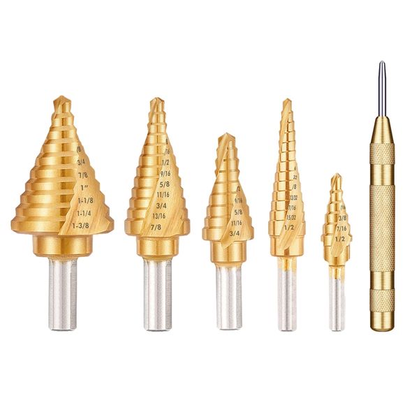 

gtbl 5pcs titanium spiral grooved step drill bit set with automatic center punch unibit drill bits set for sheet metal with alum