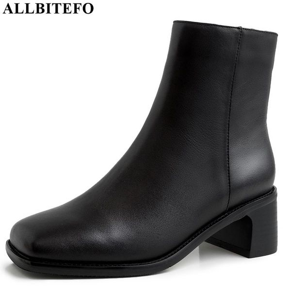 

allbitefo natural genuine leather women boots comfortable breathable concise ankle boots square toe autumn winter fashion, Black