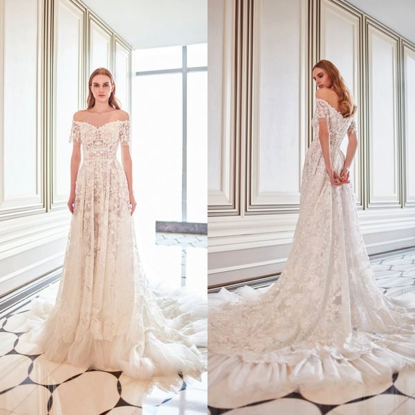 Sexy Une Ligne Dany Tabet Robes De Mariée Hors Épaule À Manches Courtes Applique Tulle Dentelle Ruché Paillettes Robe De Mariée Balayage Train robe de mari￩e