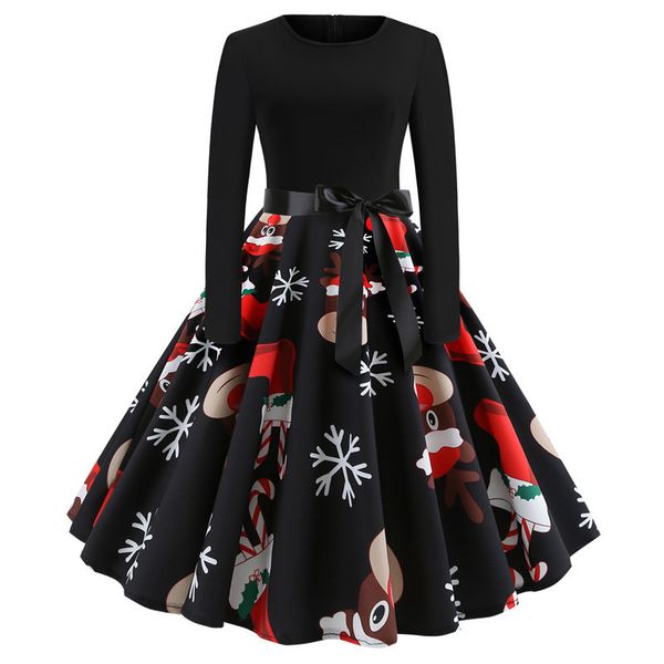 

women christmas skirt ladies explosions retro round neck print long sleeve swing dress black, Black;gray