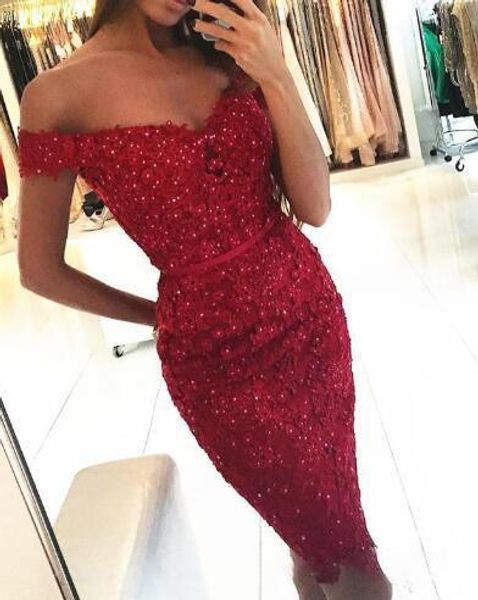 

red lace short cocktail dresses new vestidos de fiesta knee length off-the-shoulder beads sheath evening homecoming gowns c51, Black