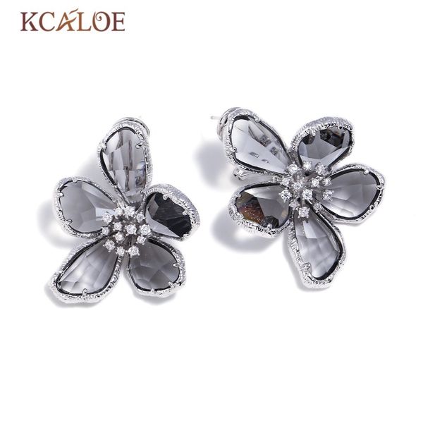 

kcaloe gray austrian crystal big flowers wedding earrings for women silver color luxury rhinestone statement stud earring t7190617, Golden;silver
