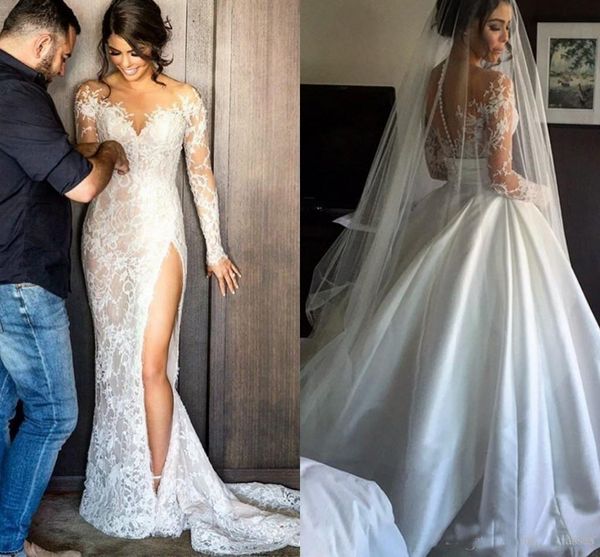 

2019 New Split Lace Wedding Dresses With Detachable Skirt Long Sleeves Sheath Illusion Back High Slit Overskirts Bridal Gowns Cheap Custom