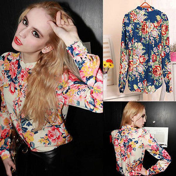 

women's long sleeve floral rrinted button bodycon t shirt blouse, White