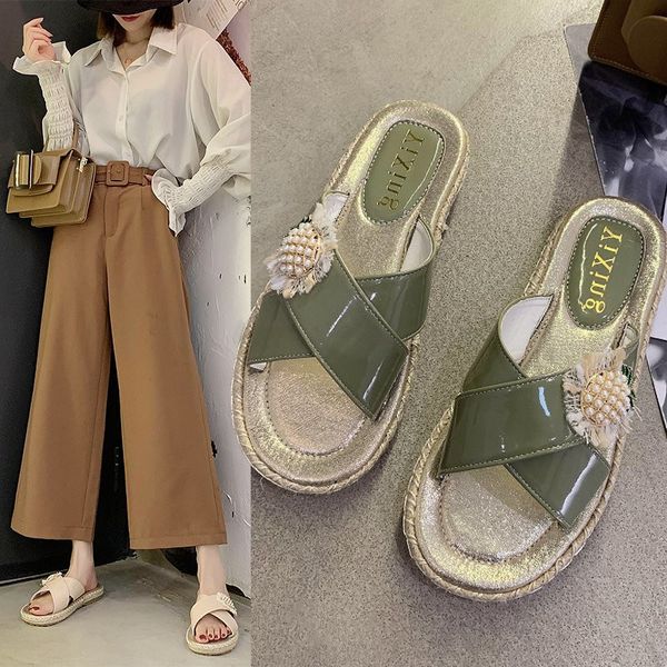 

shoes woman 2020 med string bead woman's slippers slides new summer rubber soft flat casual pu leisure slippers, Black