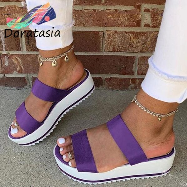 

doratasia concise women comfy med wedges shoes 2020 summer beach leisure slippers women summer slip-on platform slides, Black