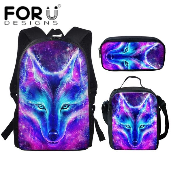 

forudesigns fashion backpacks set for teenager boys blue wolf face design student outside travel bags 16 inch satchel men balso
