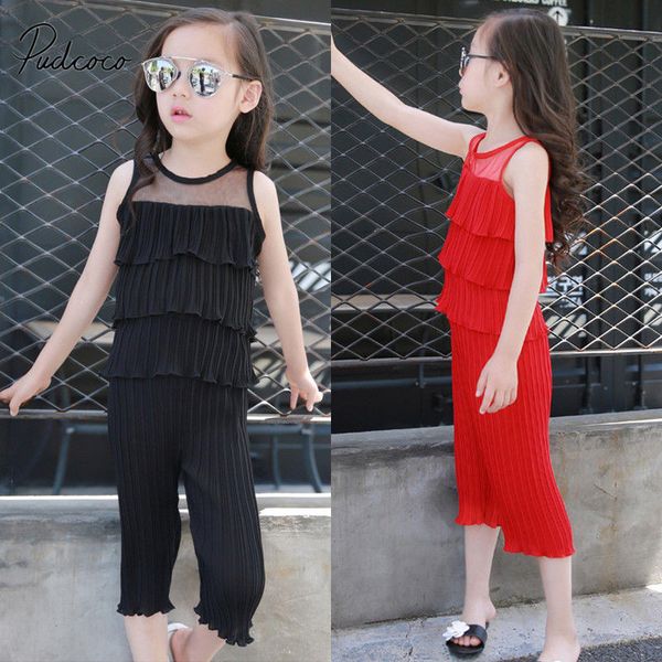 

2019 brand new infant kids baby girls rib outfits chiffon solid sleeveless ruffles vest +long pants summer fashion sets 2-8y, White