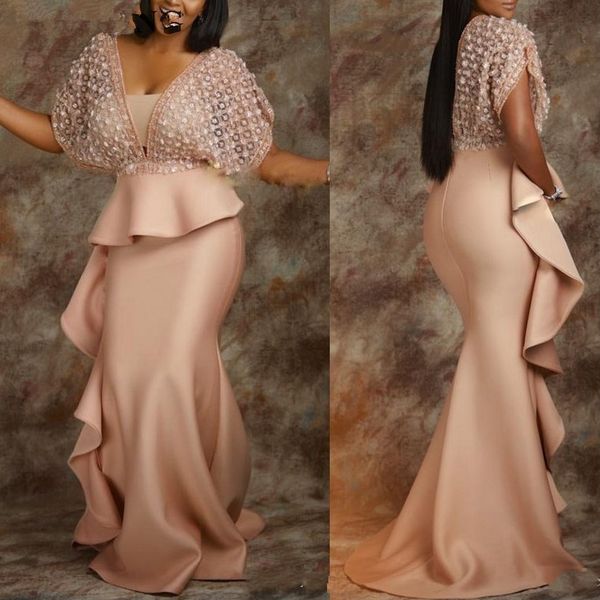 

champagne abiye long mermaid african evening dress with sleeves peplum ruffles plus size women formal prom dresses 2019 elegant, White;black