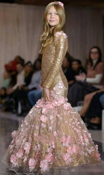 

cute gold sequins flower girls' dresses long sleeves jewel neck with handmade flowers 2019 custom made kids formal wear pageant gown, White;blue