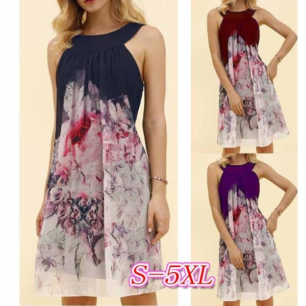 

женское дизайнерское платье большой круглый вырез холтер принт без рукавов открытая спина шифоновое платье, Black;gray