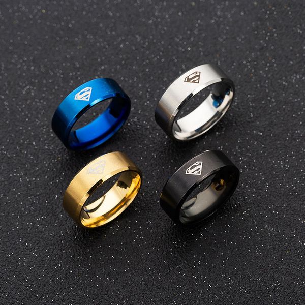 

trendy laser print superman rings for men black blue gold stainless steel ring dropshipping sp264, Golden;silver