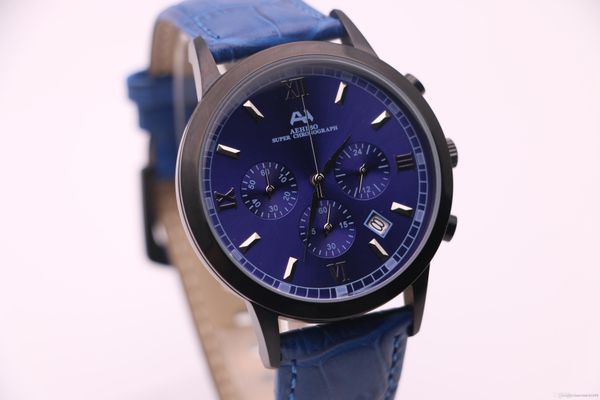 

2017, aehibo new brand, new men's watches, vk quartz chronograph running seconds movement, blue leather strap, blue 3 dial, black watch, Slivery;brown