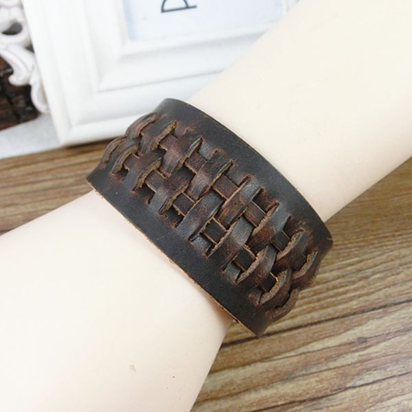 

men's wide leather simple handmade pimp bracelet men wide leather skewered punk bracelet on jewelry accessories, Black