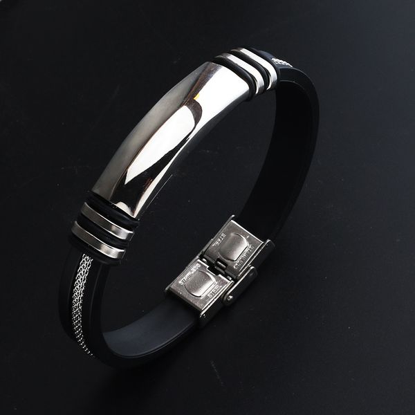 

stainless steel bracelet men wrist band black grooved rudder silicone mesh link insert punk wristband stylish casual bangle