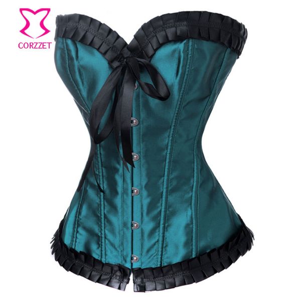 

elegant dark green satin tight lacing corset bustier gothic clothing corselet overbust corsets and bustiers corsage, Black;white
