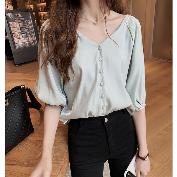 

summer 2020 loose chiffon women's short-sleeved foreign style shirt solid color base shirt fashion, White