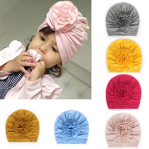 8 cores do bebê Turban Hats for Girls Bloom bebê Flor Chapéus Crianças Elastic bebê Turban para meninas Headwrap Infant Headband Beanie Cap M1912