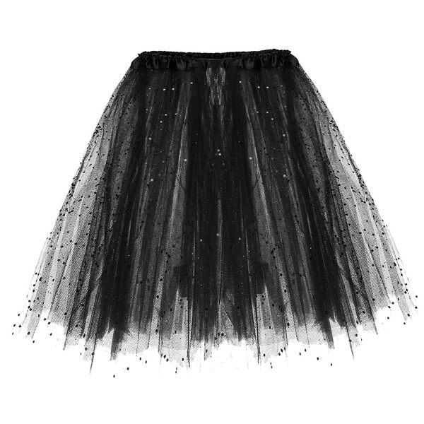 

2019 fashion tulle mini skirts for womens paillette elastic 3 layered short skirt solid color tutu dancing skirt jupe, Black