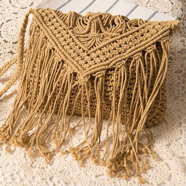 

women one-shoulder handbag creative hand straw woven cartoon bag fashion delicate handkerchief tassel strip crochet cotton bag