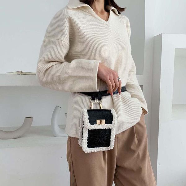 

women detachable shoulder bag fleece pu leather splicing small metal buckle chest crossbody pack shoulder messenger handbag