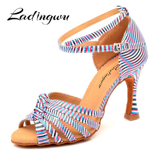 

ladingwu dance shoes latin women color zebra texture pu salsa dance shoes yellow blue orange ballroom women