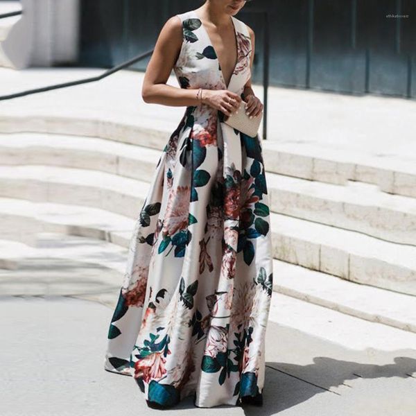 

sleeveless printed maxi casual loose beach dresses womens clothing womens designer summer floral dresses v neck, Black;gray