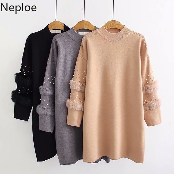 

neploe 2019 autumn winter beads fur jumper knitted pullover casual loose long sleeve women sweater patchwork pull femme 54801, White;black