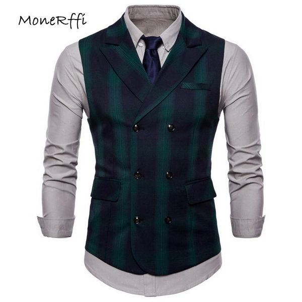 

monerffi men suit vest sleeveless waistcoat double breasted plaid style business casual formal dress vests jacket plus size, Black;white