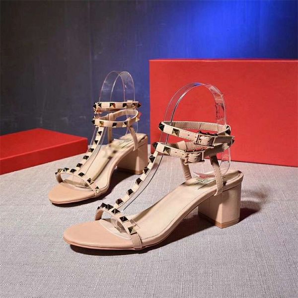 

new double strap thick heels luxury fashion black nude color designer sandals ladies leather rivets matte high heel sandals non-slip