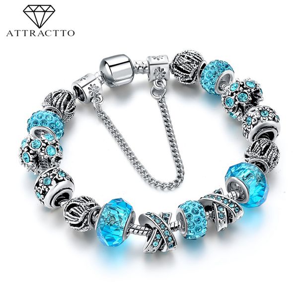 

attractto handmade blue flower crystal beads charm bracelets & bangles for women silver gift jewelry bracelet femme sbr170024