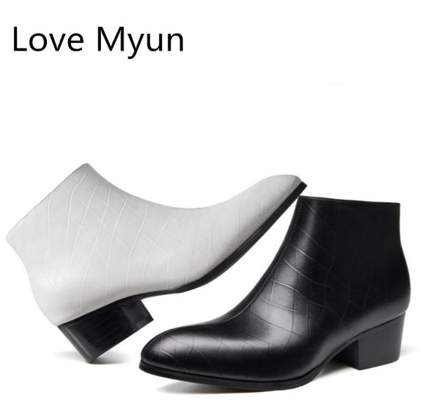 

autumn winter mens fashion high heels warm genuine leather ankle boots men pointed toe business work dress boots wedding shoes, Black