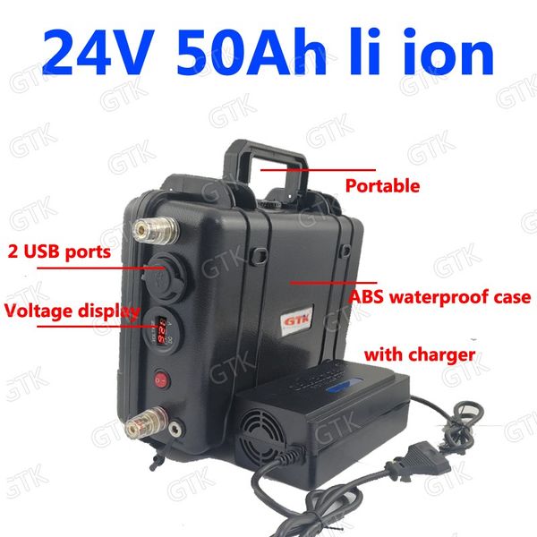 

waterproof lithium 24v rechargeable battery 24v 50ah li ion 18650 7s bms for solar beach cruiser emergency lighting +5a charger