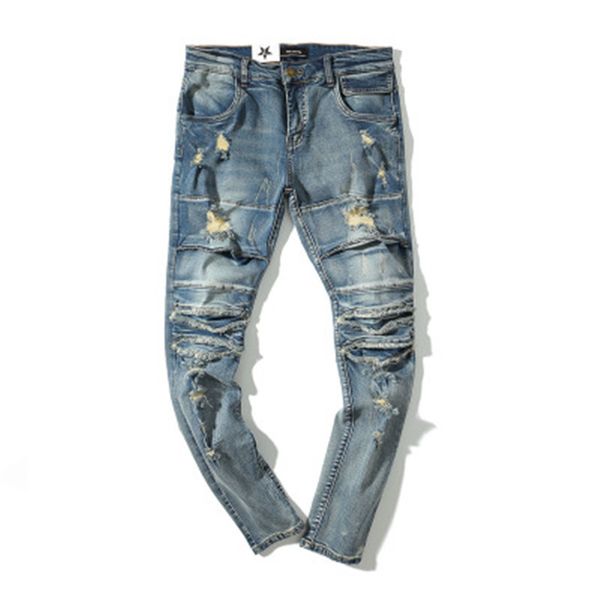 

fashion men long jeans high street hole jeans washed rock feet men's fashion new trend, Blue