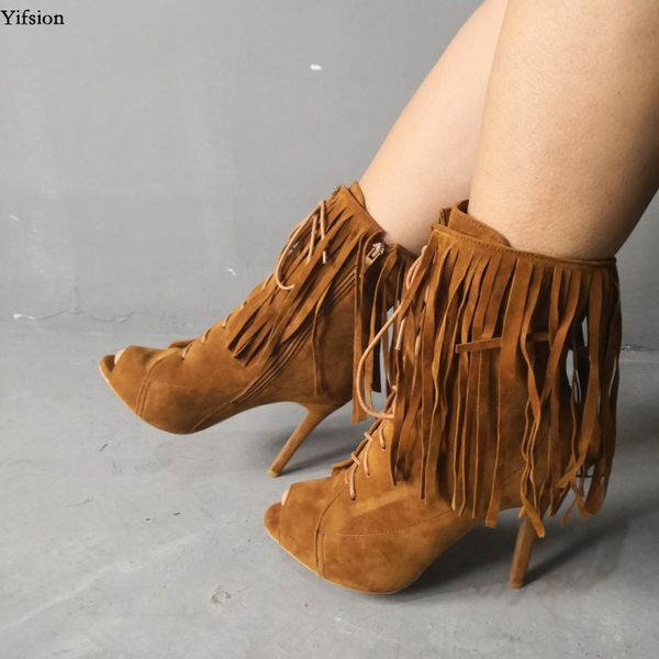 

rontic new women summer ankle boots stiletto high heels boots peep toe fashion fringe camel party shoes women plus us size 5-15, Black