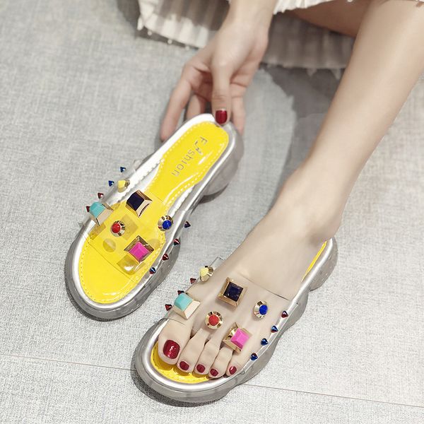 

luxury designer women shoes designer slippers transparent color rivet platform slide lady flip flops studded anti-skid thick bottom fashion, Black